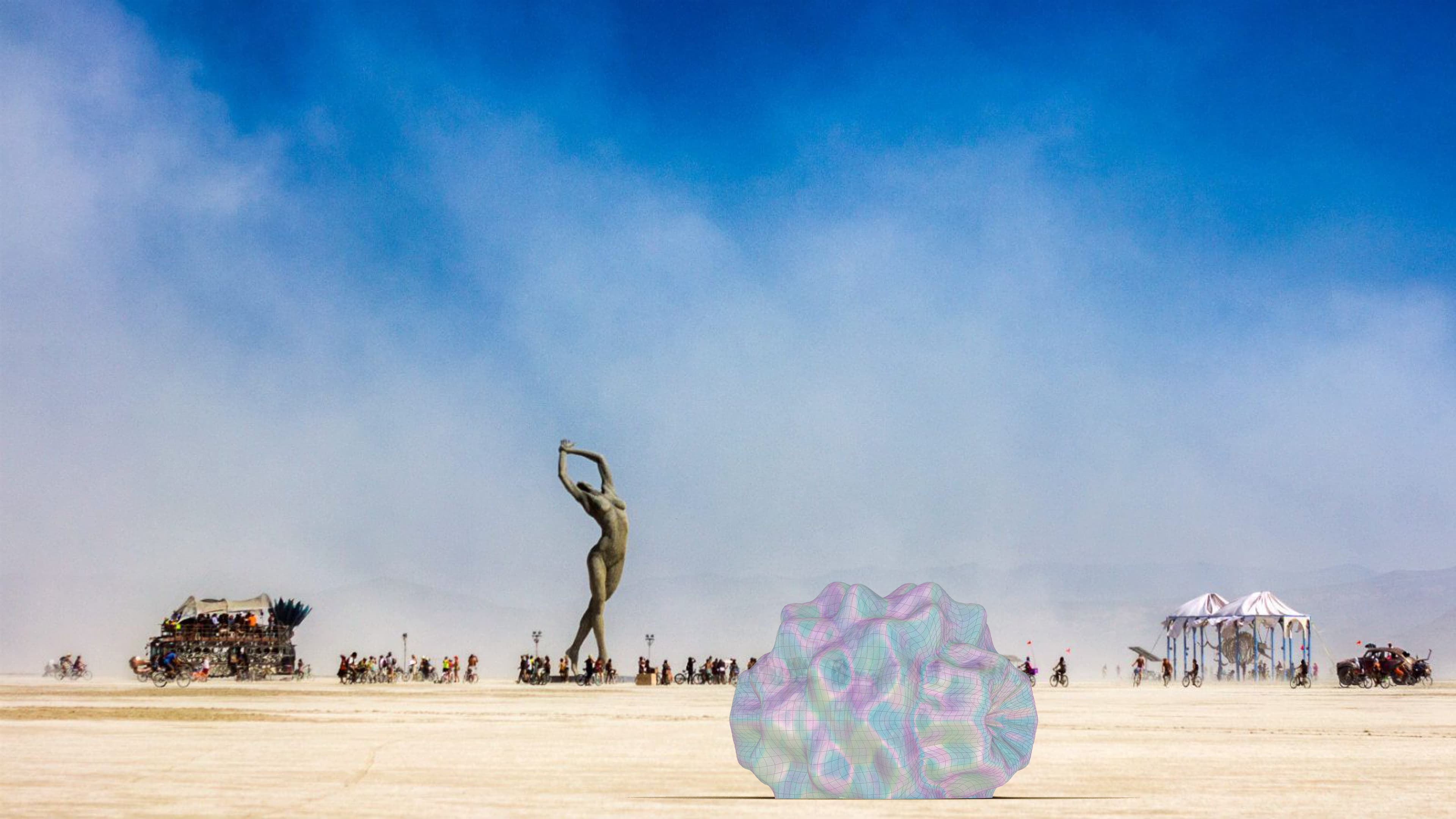 Aerial daytime render showing the sculpture placed on the playa